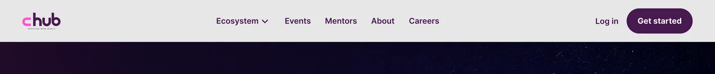 The redesigned header — Ecosystem, Events, Mentors, About and Careers, with Log in and Get started on the right