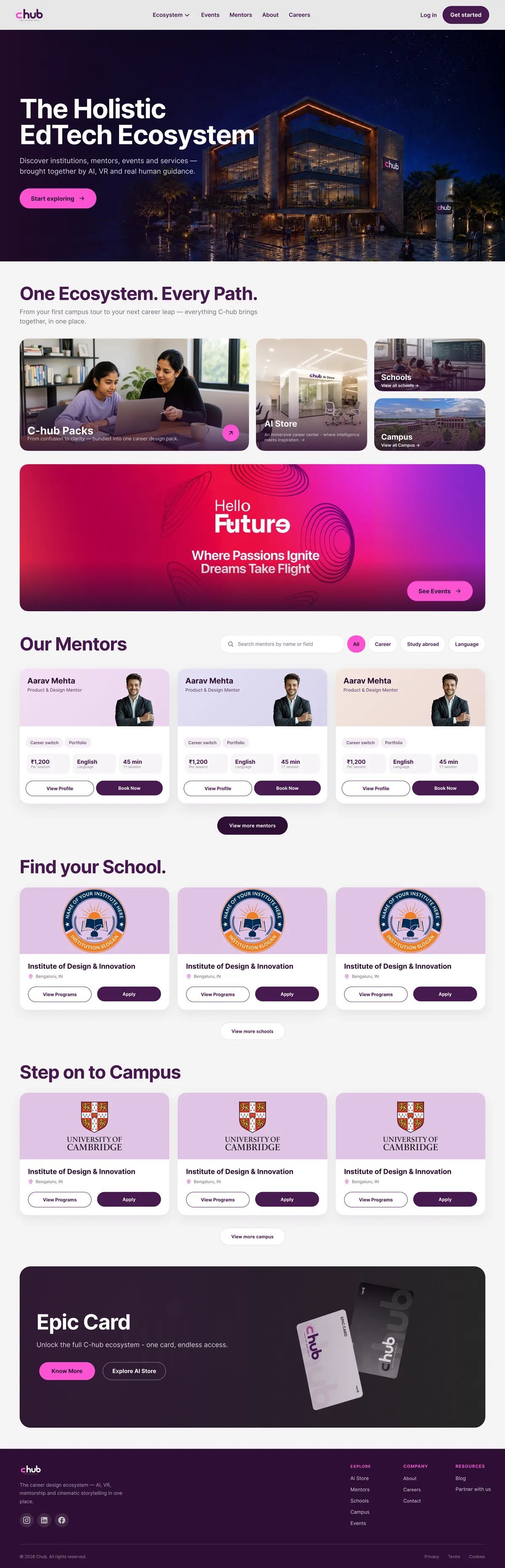 The redesigned C-Hub homepage — the hero, then One Ecosystem Every Path