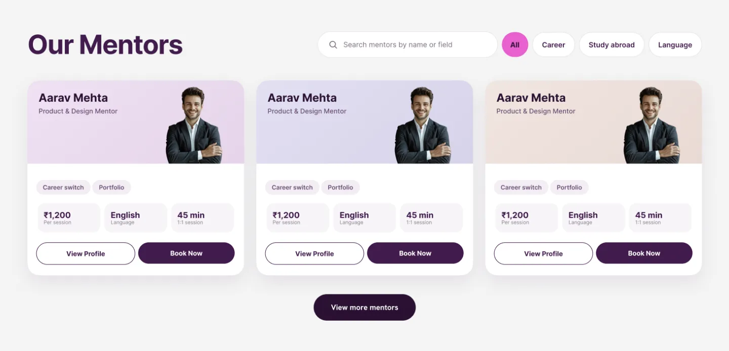 The redesigned Our Mentors section — each card carries a name, a title, a photo, two areas of expertise, the price per session, the language, the session length, and View Profile and Book Now