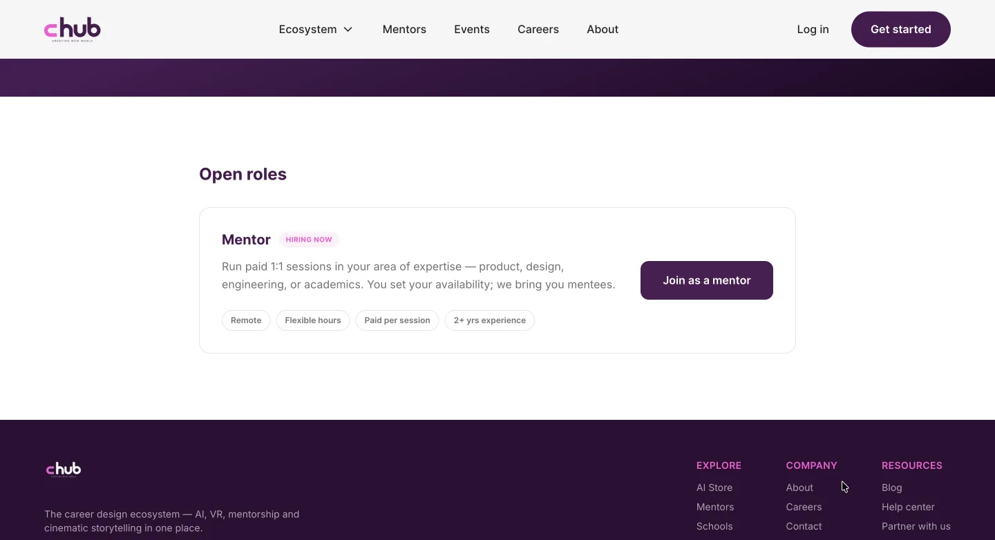 The Careers page, reached from the header — an Open roles section with one Mentor role and a Join as a mentor button
