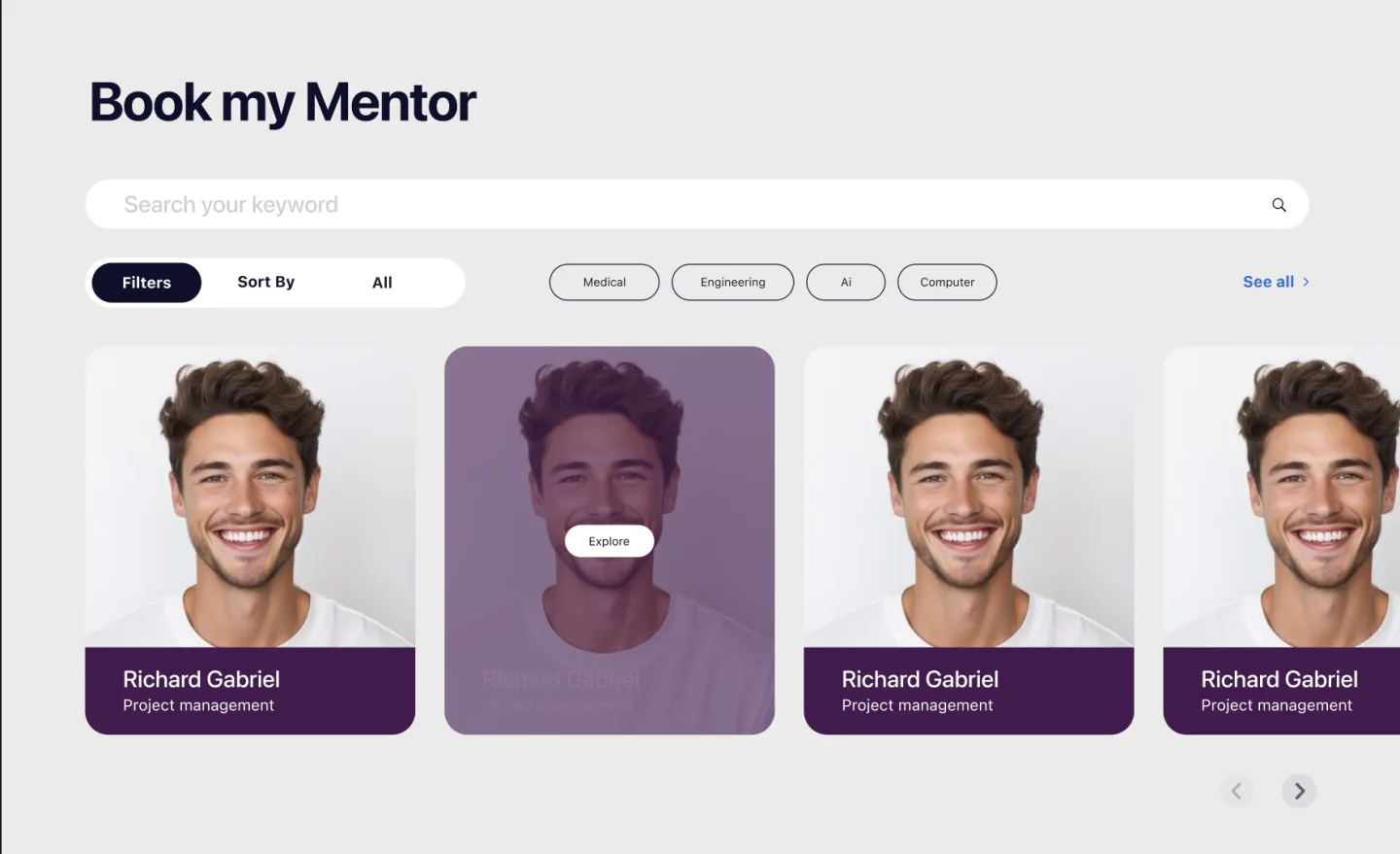 The previous Book my Mentor carousel — each card carries a photo, a name and a title, with an Explore button that only appears on hover