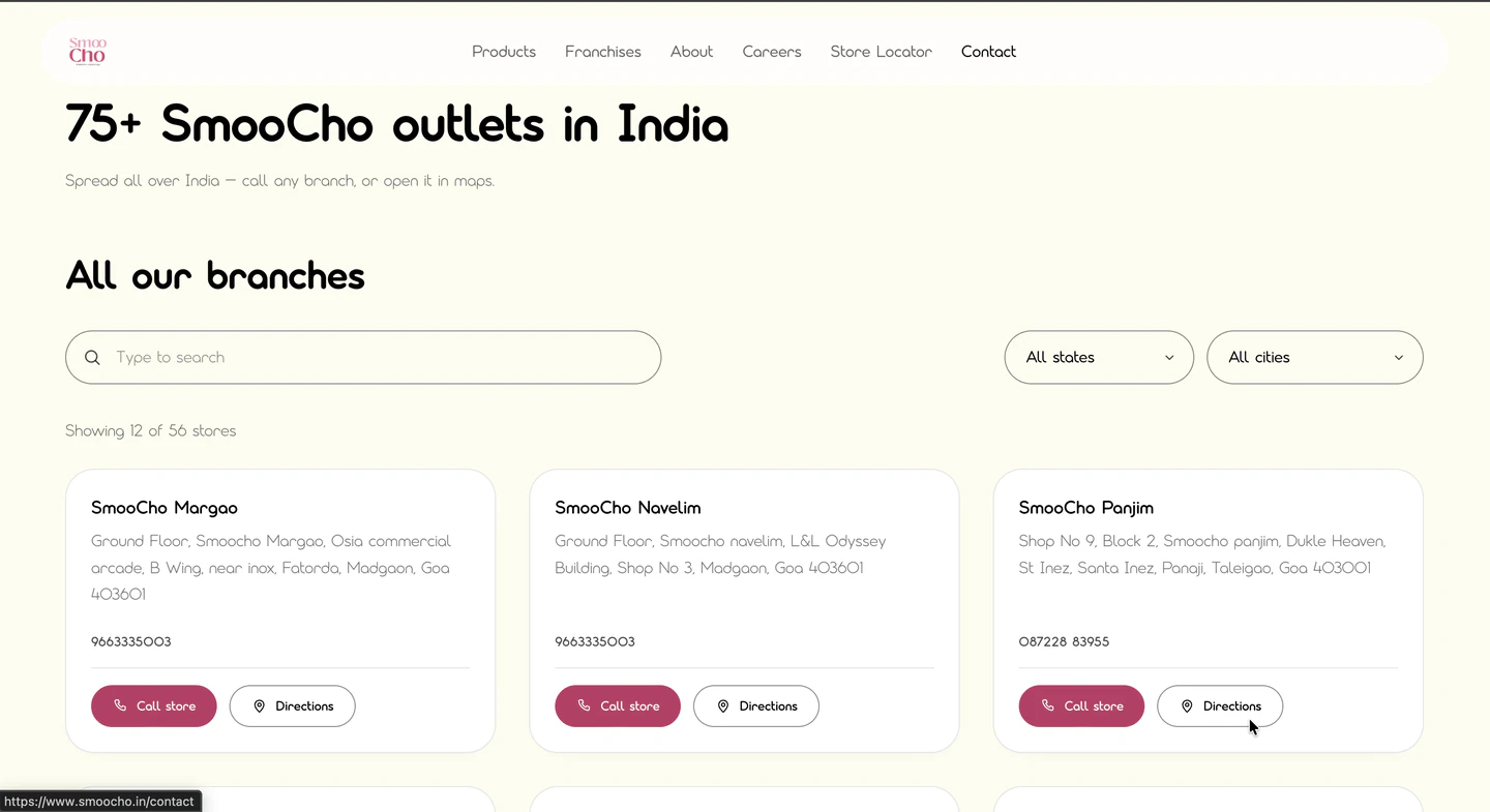 The Contact page — "75+ SmooCho outlets in India", a type-to-search field, All states and All cities filters, a "Showing 12 of 56 stores" count, and a grid of branch cards each carrying an address, a phone number and Call store and Directions buttons.
