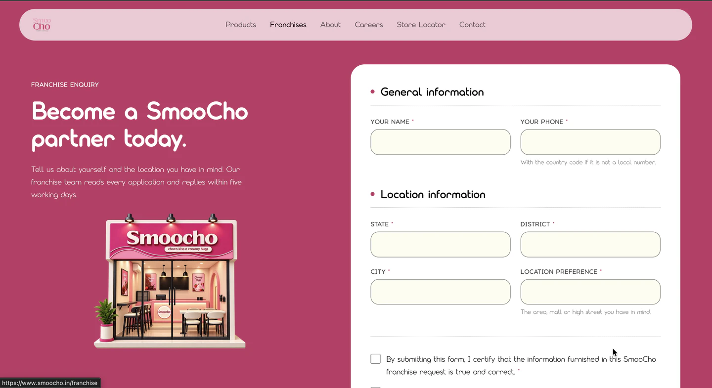The franchise enquiry page — "Become a SmooCho partner today." beside a white form card split into General information (name, phone) and Location information (state, district, city, location preference), with a certification checkbox underneath.
