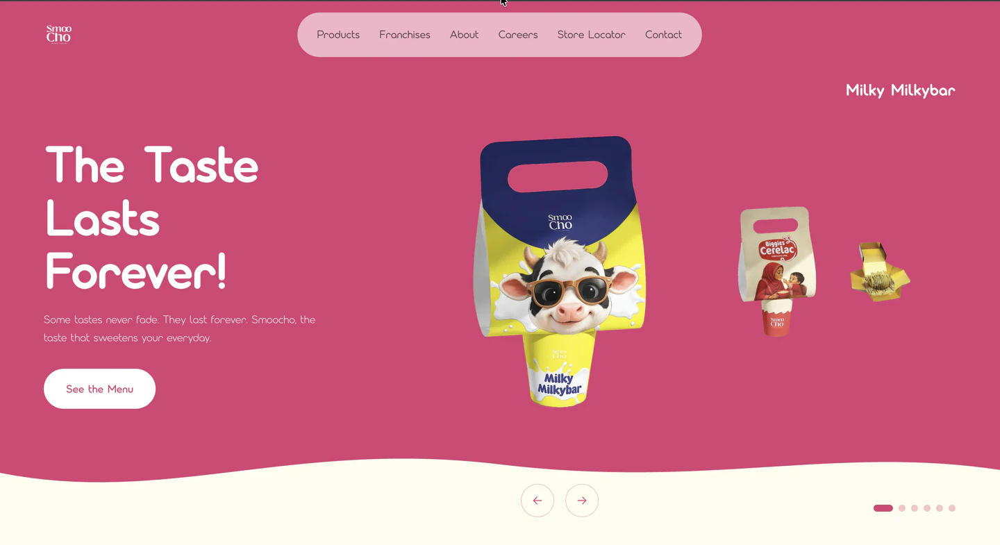 The redesigned homepage — a deep pink hero carrying the full navigation, the headline "The Taste Lasts Forever!" with a See the Menu button, and the Milky Milkybar pack shot in a carousel with arrows and dots.