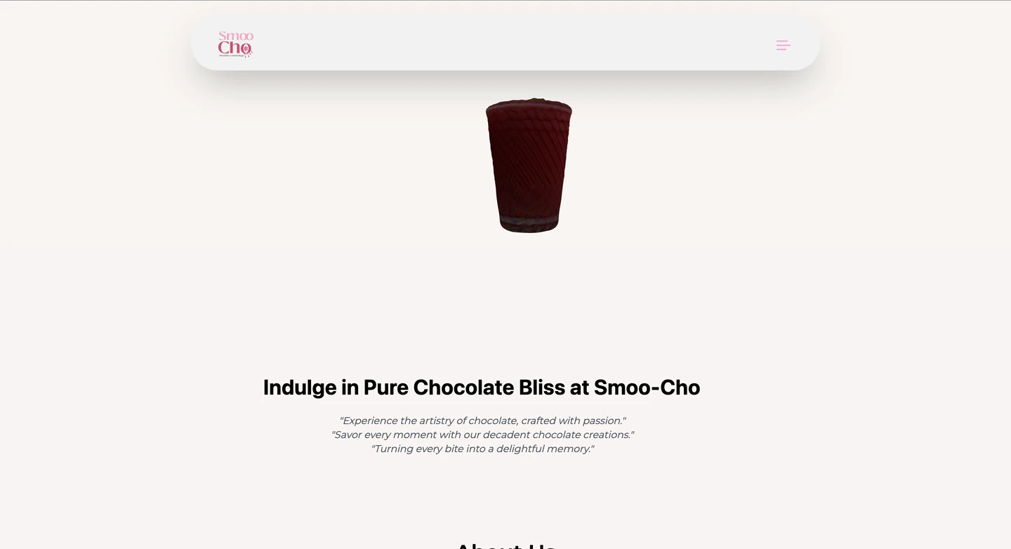 The old SmooCho homepage — a cream page with a small logo in a floating white bar, a single dark chocolate cup adrift in the middle, the heading "Indulge in Pure Chocolate Bliss at Smoo-Cho" over three italic taglines, and an "About Us" heading beginning below.