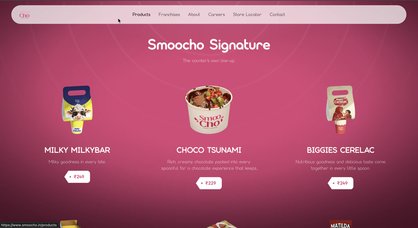 The full products page under the category heading "Smoocho Signature" — the same grid on the pink brand background, each product with its image, a one-line description and its price.