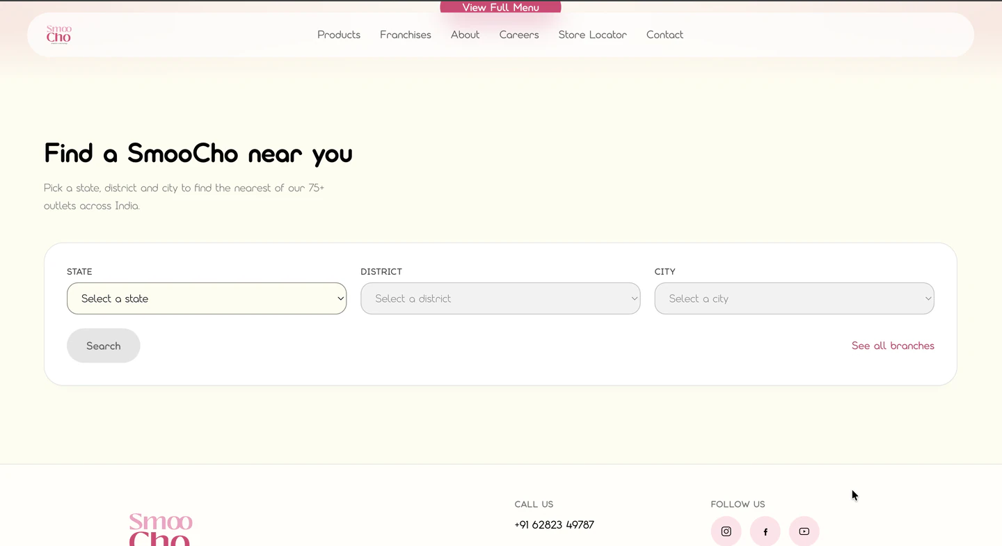 The "Find a SmooCho near you" section on the home page — State, District and City dropdowns inside a white card with a Search button and a "See all branches" link, sitting just above the footer.